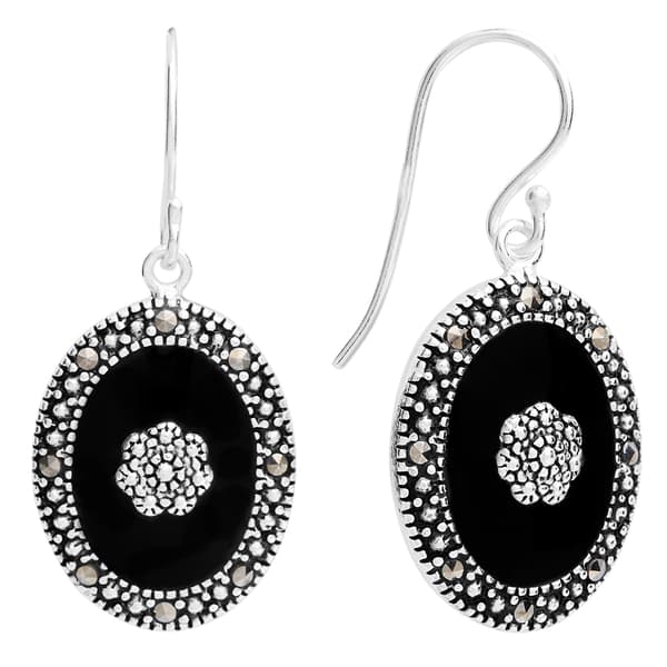Marsala Silver Plated Genuine Marcasite Onyx Oval Drop Earrings - image 