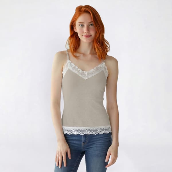 Juniors Pink Rose Rib Lace Trim Long Camisole - image 