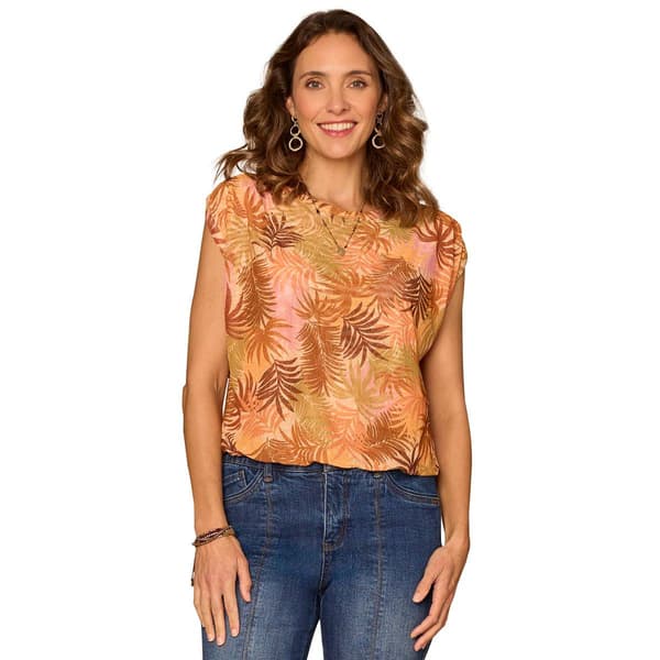 Womens Democracy Extended Shoulder Bubble Hem Print Knit Top