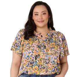 Plus Size Democracy Short Sleeve Ruffle Edge Floral Henley