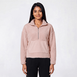 Juniors Pink Rose 1/2 Zip Ribbed Velour Sherpa Pullover