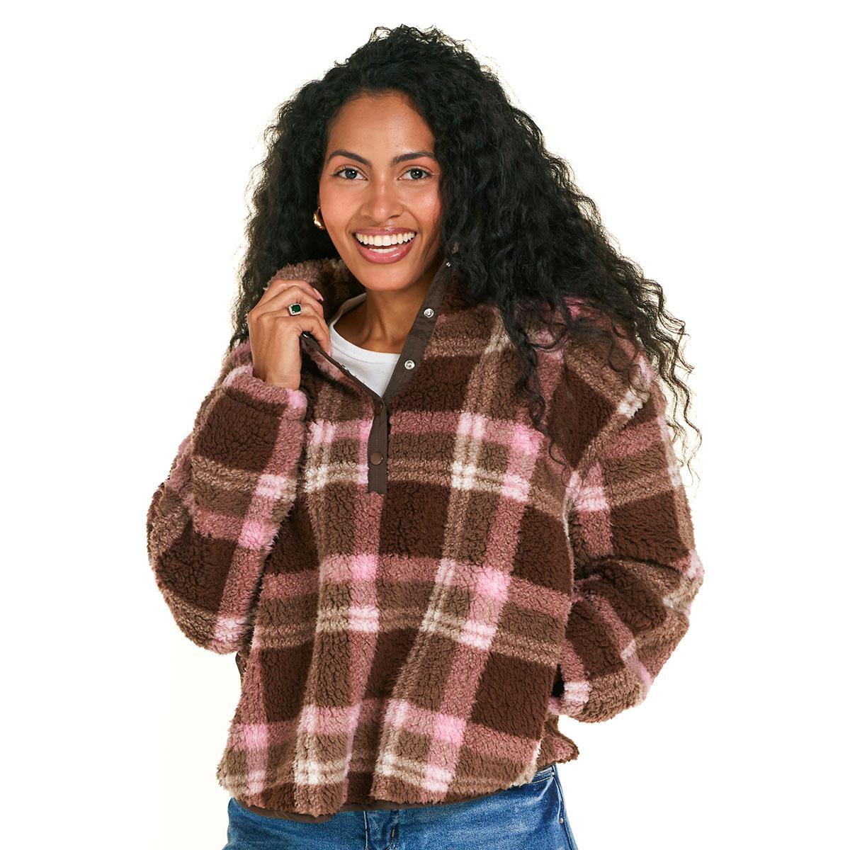 Plus Size Mountain Ridge Plaid Pullover Sherpa Jacket