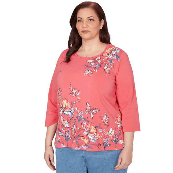 Plus Size Alfred Dunner Austin 3/4 Sleeve Etched Floral Blouse