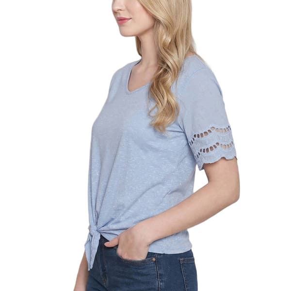 Womens NY Collection Short Sleeve Eyelet Trim Tie Front Blouse