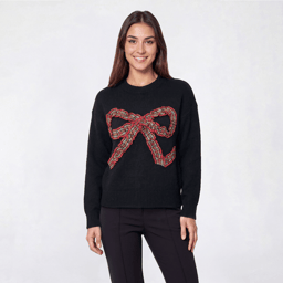 Womens By Design Long Sleeve Plaid Bow Pullover Sweater