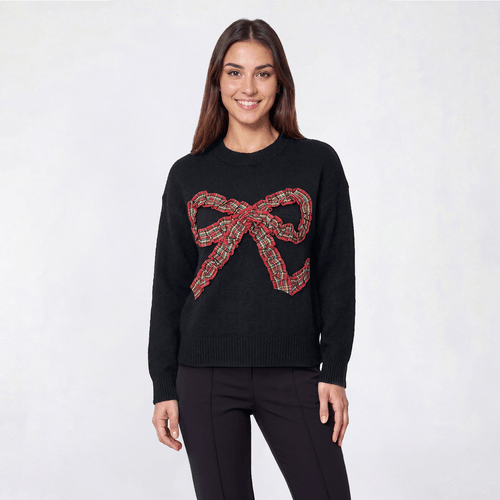 Womens By Design Long Sleeve Plaid Bow Pullover Sweater