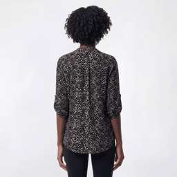 Womens Notations 3/4 Sleeve Abstract Pleated Henley Blouse