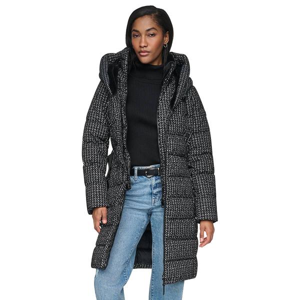 Womens DKNY Herringbone Heavyweight Puffer Jacket with Belt