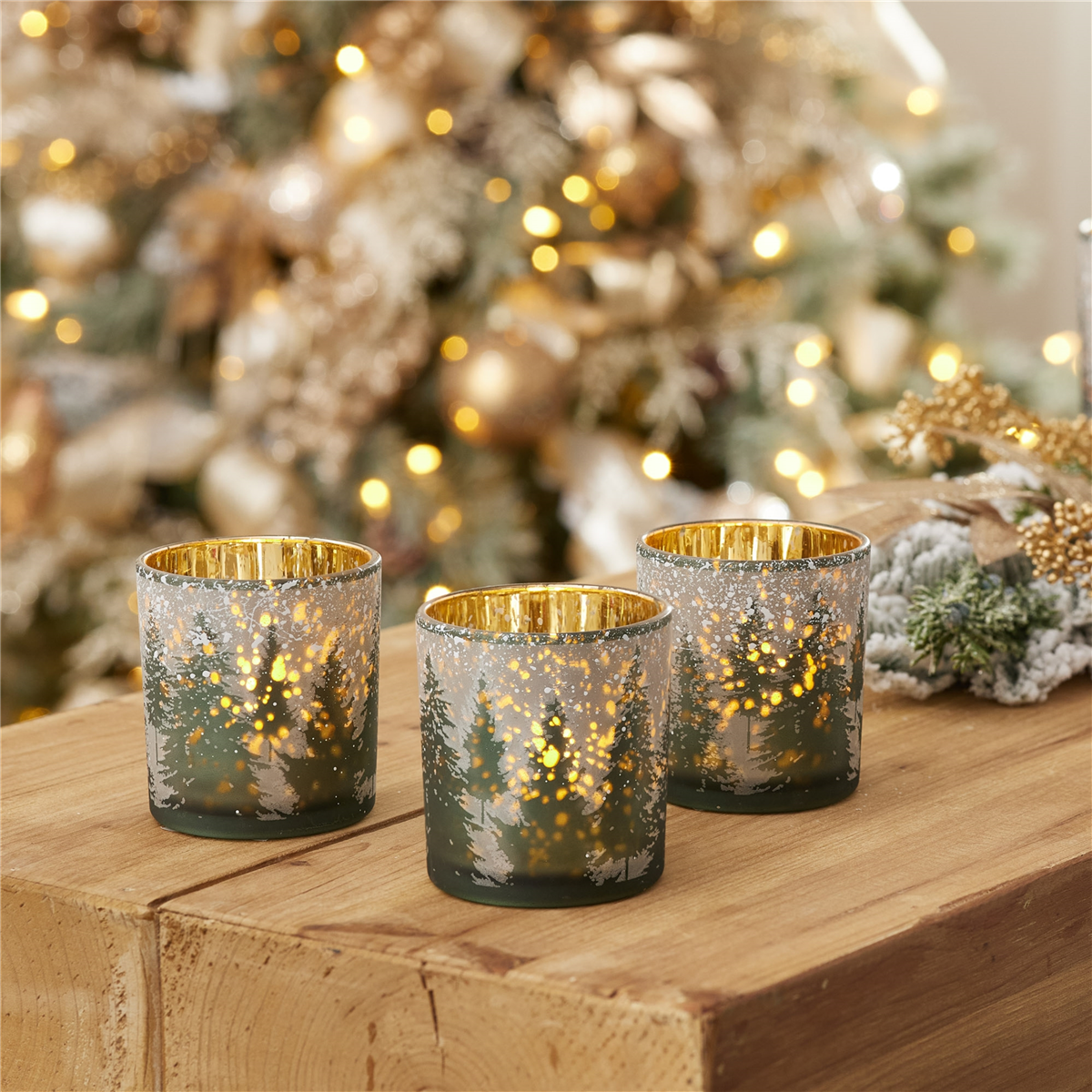 Melrose Frosted Pine Mercury Glass Candle Holder - Set of 3