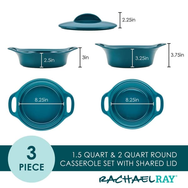 Rachael Ray 3pc. Ceramic Casserole Bakers w/Shared Lid Set-Teal