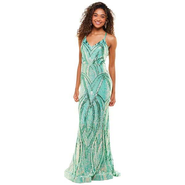 Juniors Crystal Doll Placement Sequin Mermaid Halter Dress - image 