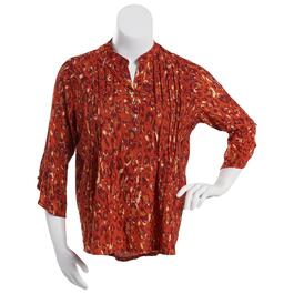 Plus Size Notations 3/4 Sleeve Jacquard Henley Blouse - Rust/Gold