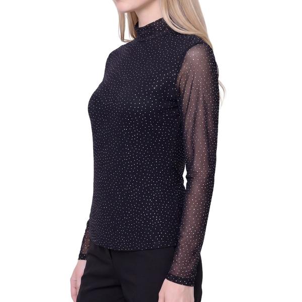 Petite NY Collection Long Sleeve Rhinestone Mesh Blouse