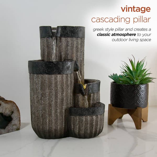 Alpine Grey Cascading Pillar Tabletop Fountain w/LED Lights