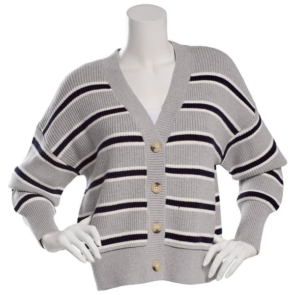 Juniors Pink Rose Shaker Stitch Boxy Striped V-Neck Cardigan - image 