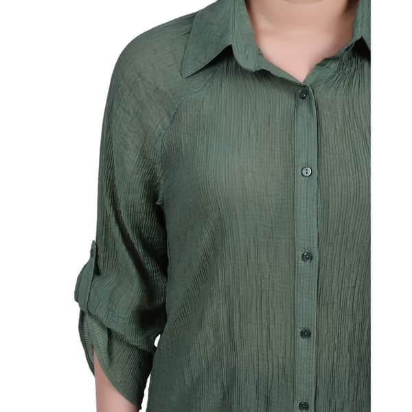 Womens NY Collection 3/4 Roll Sleeve Solid Casual Button Down