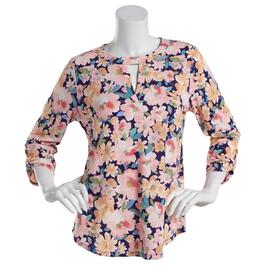 Plus Size Cure 3/4 Sleeve Roll Tab Navy Floral Knit Crepe Blouse