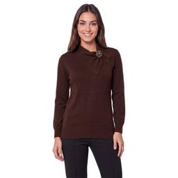 Petites Kasper Long Sleeve Mock Neck Tie Brooch Sweater