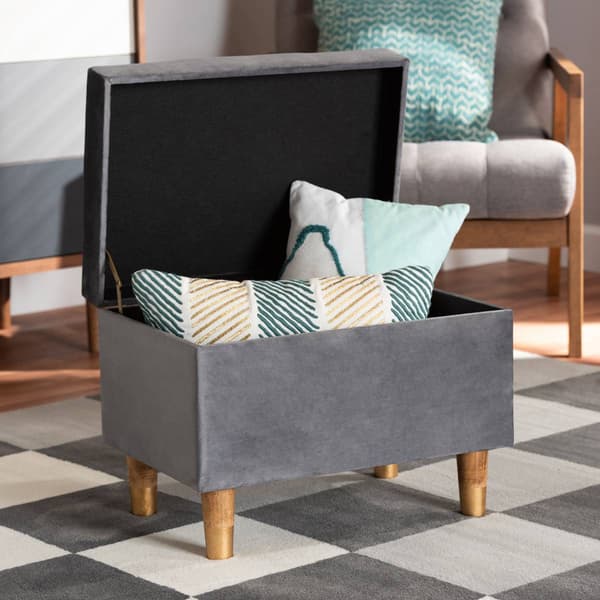 Baxton Studio Elias Grey Velvet Fabric & Wood Storage Ottoman