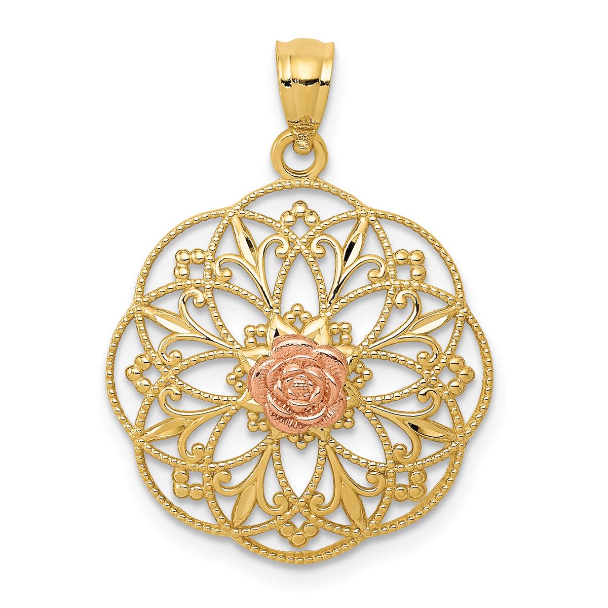 Gold Classics(tm) 14kt. Two-Tone Rose Round Filigree Pendant