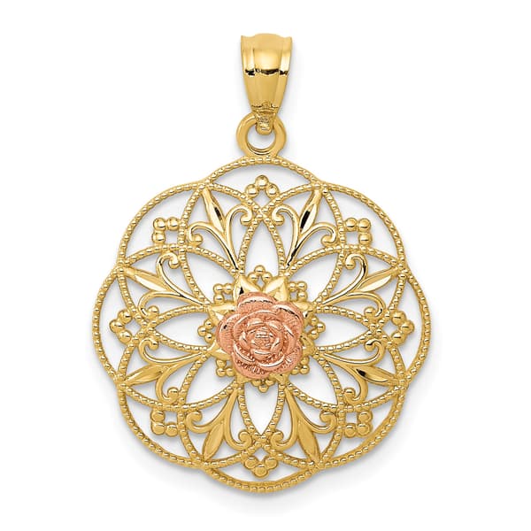 Gold Classics&#40;tm&#41; 14kt. Two-Tone Rose Round Filigree Pendant - image 