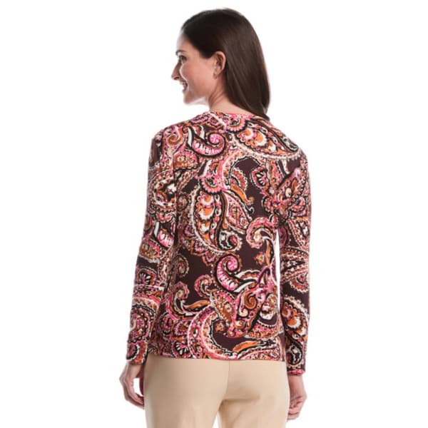 Womens Rafaella® Crew Neck Long Sleeve Paisley Blouse