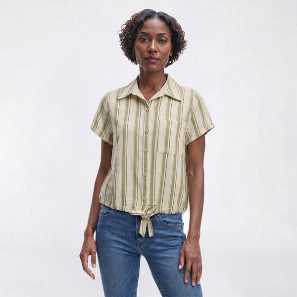 Womens Como Black Short Sleeve Stripe Tie Hem Blouse