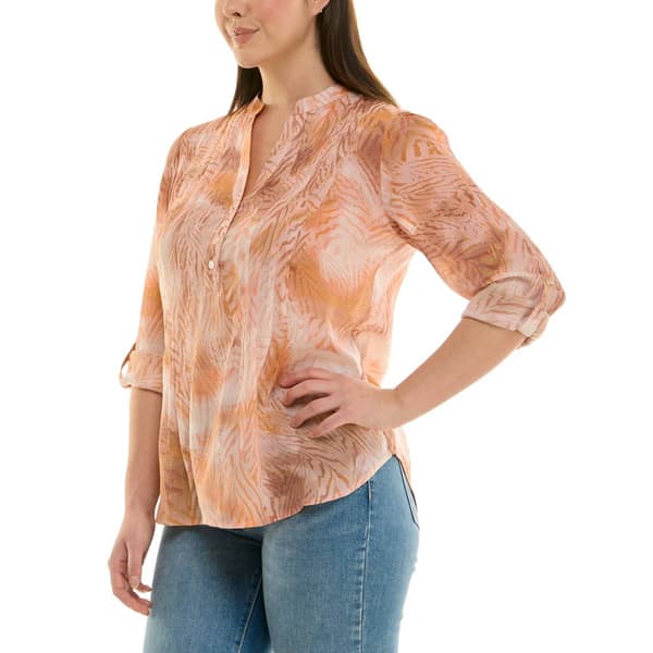 Womens Zac & Rachel 3/4 Roll Tab Sleeve Pleated Abstract Blouse
