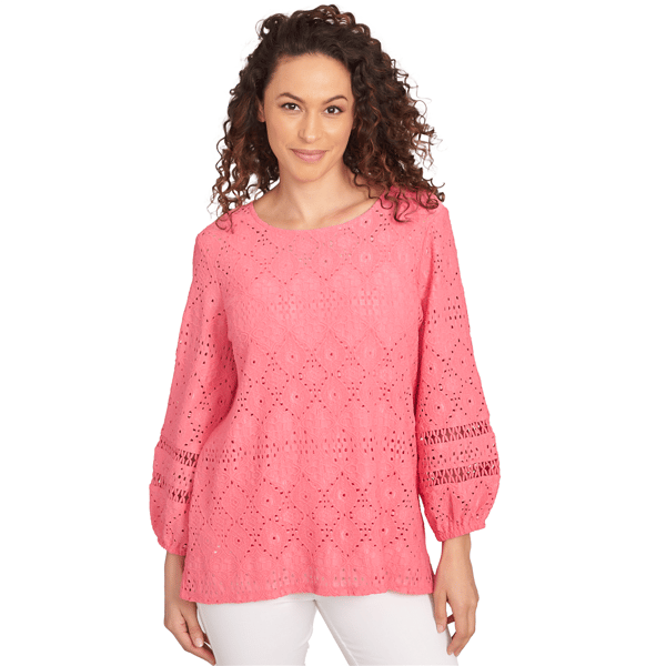 Women''s Diamond Eyelet Solid Lined Crinkle Knit Top - image 