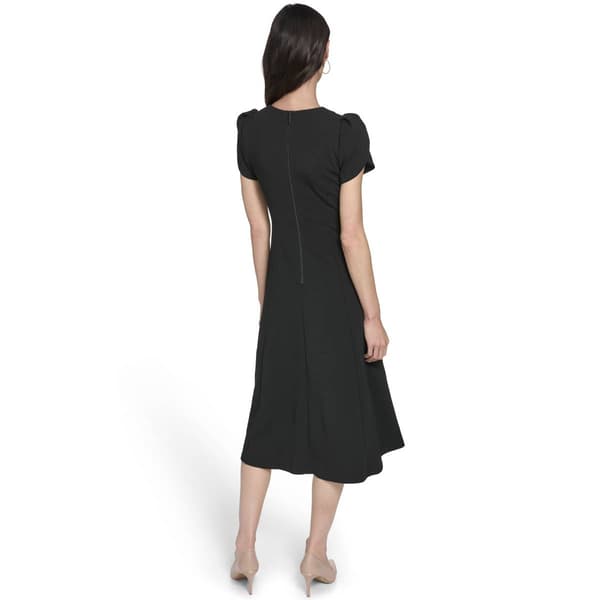 Womens Calvin Klein Puff Sleeve V Neck Crepe A-Line Midi Dress