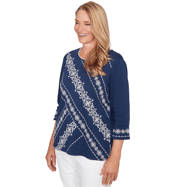 Petite Alfred Dunner Mykonos 3/4 Sleeve Diagonal Scroll Blouse