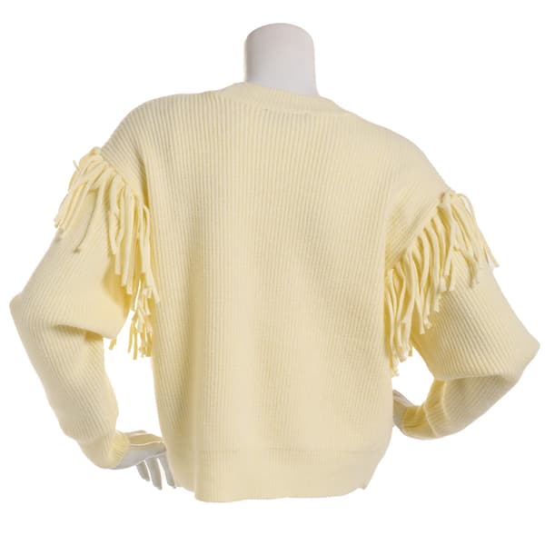 Womens Nicole Miller Long Sleeve Crew Neck Solid Sweater w/Fringe
