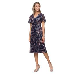 Petite SLNY Flutter Sleeve V Neck Sequin Floral Dress