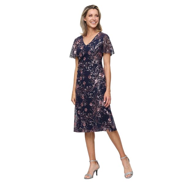 Petite SLNY Flutter Sleeve V Neck Sequin Floral Dress