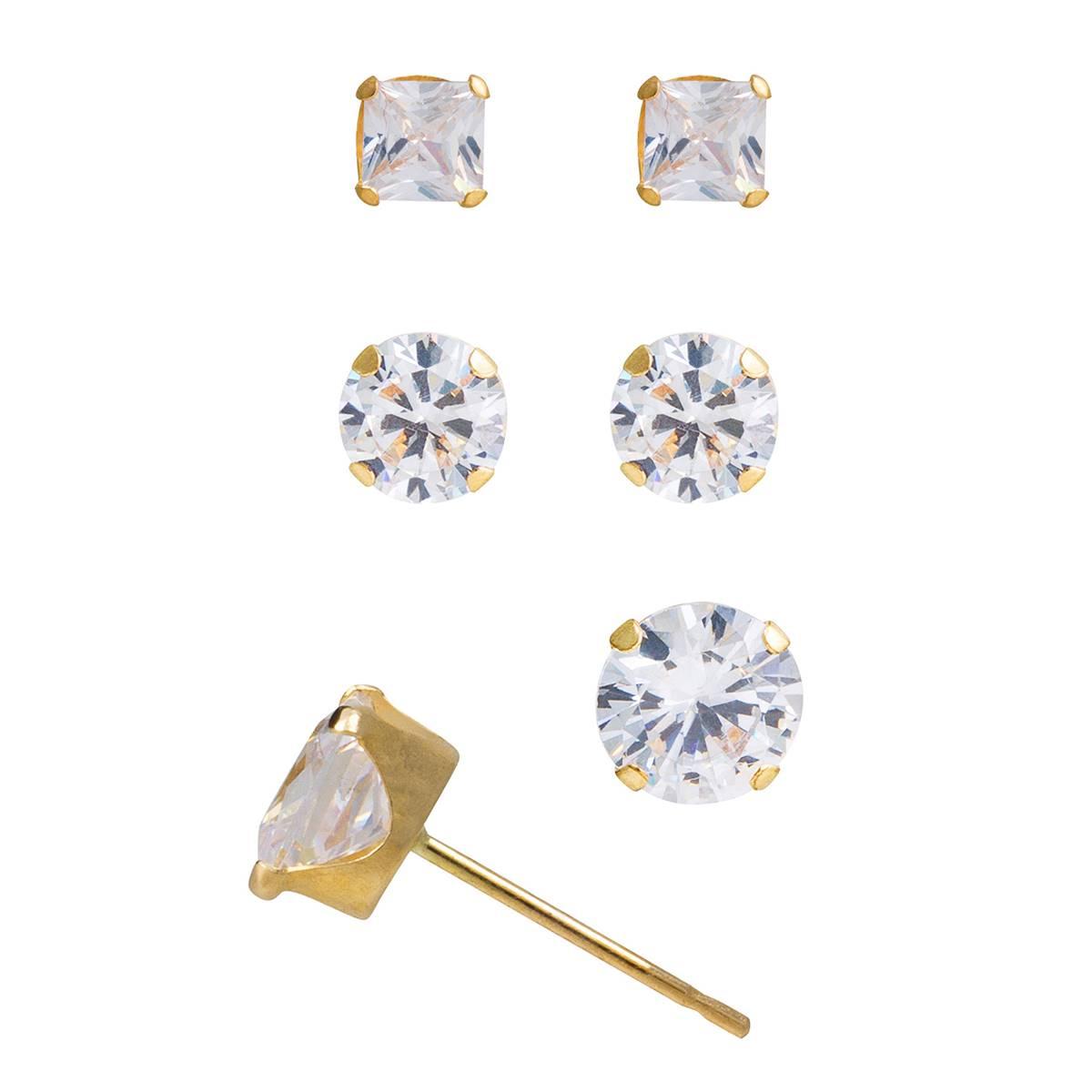 10kt. Yellow Gold Princess Cut CZ Stud 3pr. Earrings Set