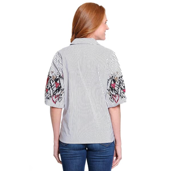 Womens Ali Miles Elbow Sleeve Heart Embroidery Stripe Blouse