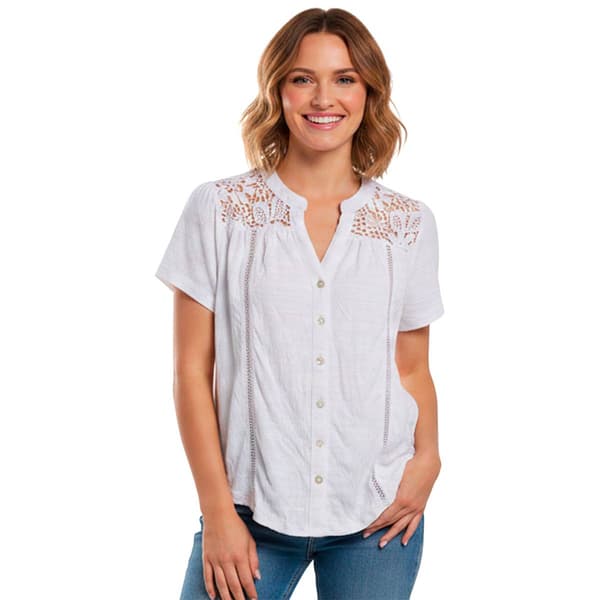 Womens Thomas & Olivia Short Sleeve Button Front Lace Yoke Blouse