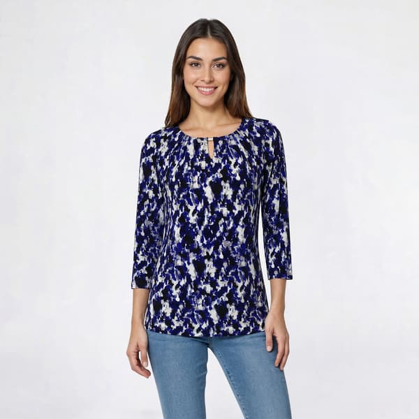 Womens Kasper 3/4 Sleeve Keyhole Neck Colorful Smudge Blouse
