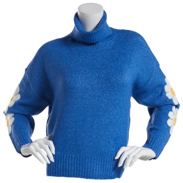 Juniors No Comment Daisy Mock Neck Pullover Sweater