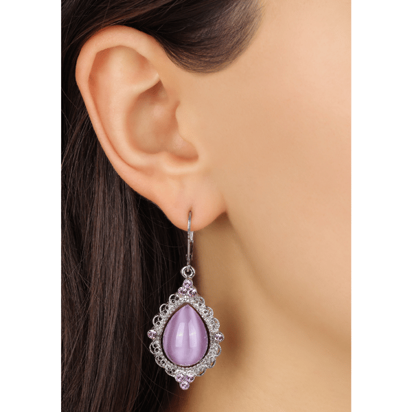 1928 Silver-Tone Purple Moonstone Teardrop Leverback Earrings