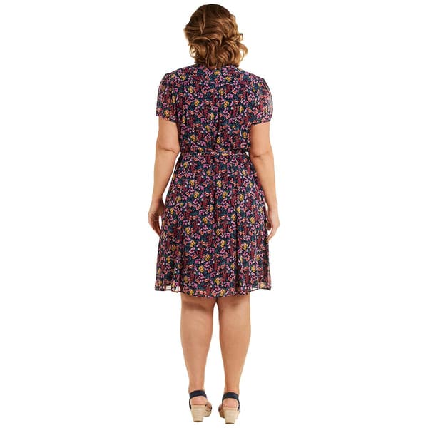 Plus Size MSK Short Sleeve Chiffon Floral Pintuck Midi Dress