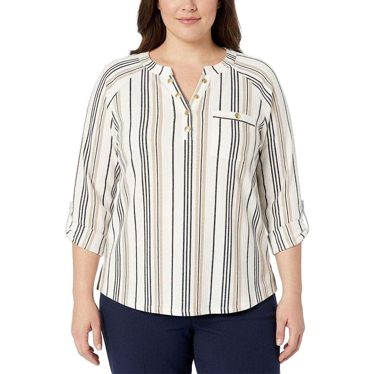 Plus Size Cure 3/4 Roll Tab Rib Texture 1 Pocket Henley
