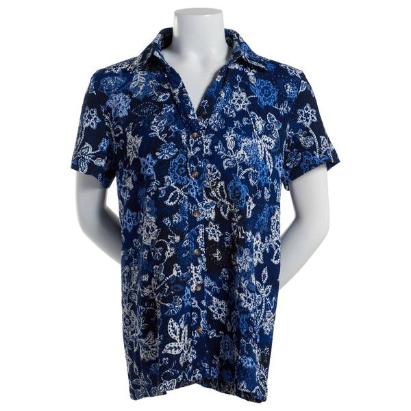 Womens Jeno Neuman Crinkle Knit Floral Button Down-NAVY - image 