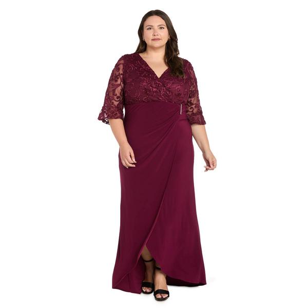Plus Size R&M Richards 3/4 Sleeve Embroidred Top Side Drape Gown