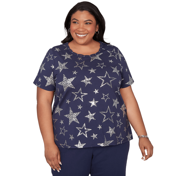 Plus Size Alfred Dunner Lady Liberty Short Sleeve Foil Stars Tee