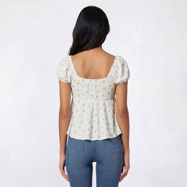 Juniors Pink Rose Crinkle Knit Puff Sleeve Peplum Top