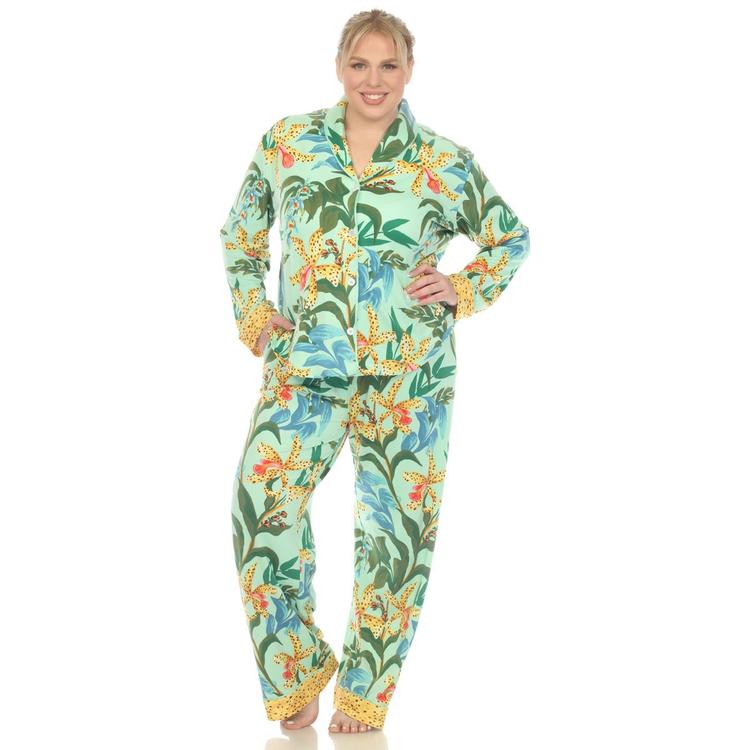 Plus Size White Mark Two Piece Wildflower Print Pajama Set