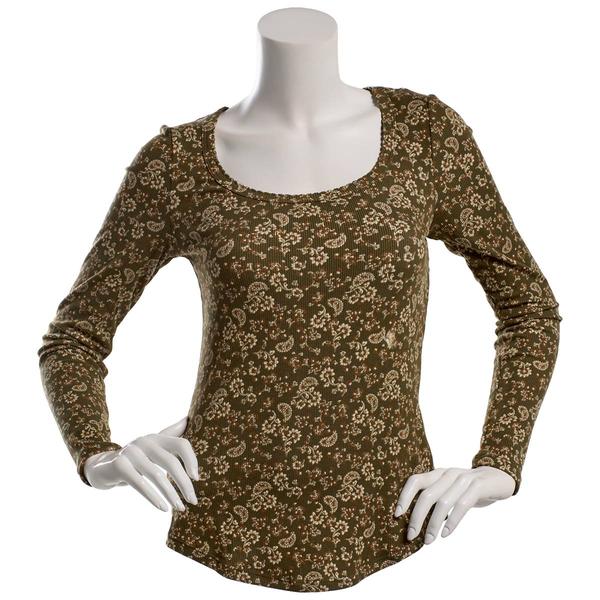 Juniors Wallflower Long Sleeve Paisley Rib Scoop Neck Tee- Leaf - image 