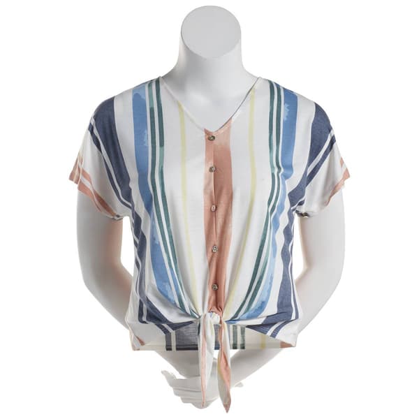 Womens Tru  Self Faux Button Front Stripe Tie Front Shirt - image 