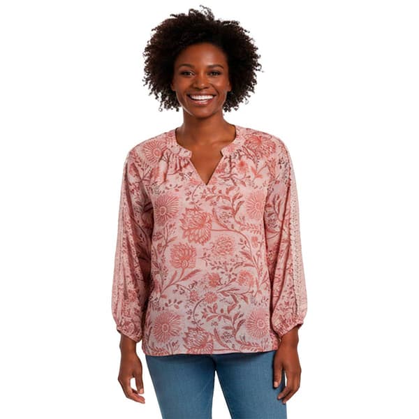 Petite Zac & Rachel Bracelet Sleeve Floral Split Neck Blouse